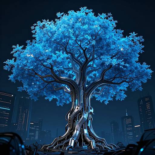 Digital artwork of a glowing blue tree with intricate, twisting roots in a dark, futuristic cityscape at night. The tree's vibrant blue leaves contrast sharply