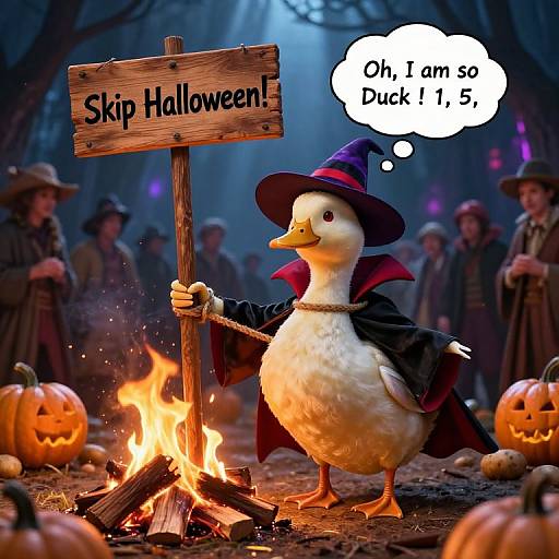 Photograph of a white duck in a witch hat and cape holding a 