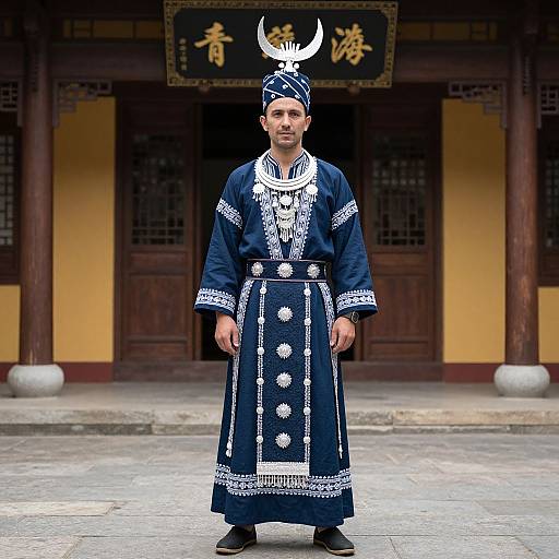 Photograph of a man in traditional Mongolian attire, wearing a navy blue embroidered robe, white headpiece with horns, standing in front of a yellow