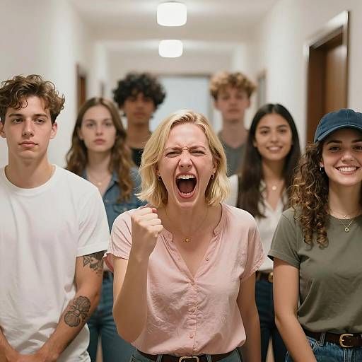 Dramatic Moment in a Crowded Hallway