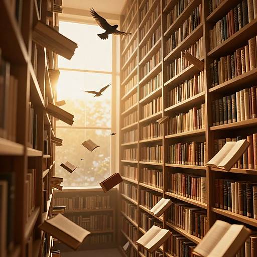 Surreal Floating Books in Golden Library