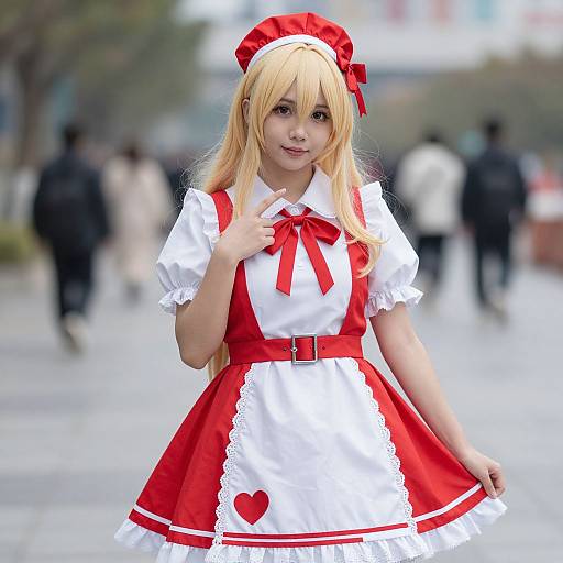 Photograph of an Asian woman in a red and white cosplay maid outfit with a red beret, long blonde wig, and heart embroidery, standing in