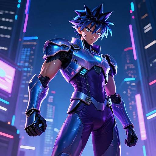 Cyberpunk anime-style digital artwork of a muscular, blue-haired male in a glowing, black and blue armor suit, standing confidently in a neon-l