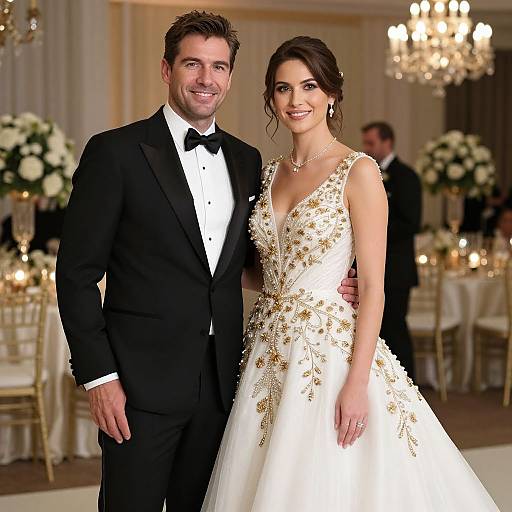 Photograph of a smiling couple at a formal event; man in black tuxedo, woman in white floral gown, elegant ballroom background.