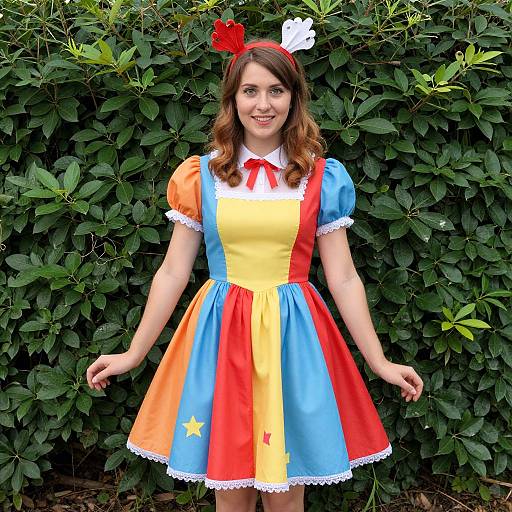 Photograph of a smiling young woman in a colorful Alice in Wonderland-inspired dress, standing in front of dense green foliage.