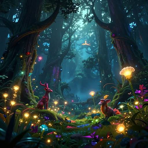Digital fantasy forest scene with luminescent flowers, glowing mushrooms, and mythical creatures illuminated by colorful fairy lights under a moonlit canopy.