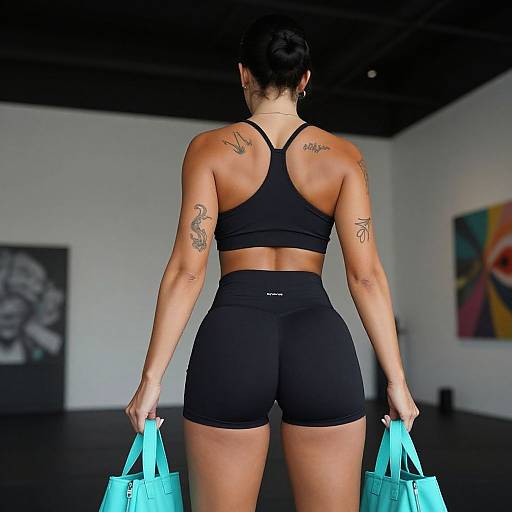 Photograph of a fit woman with dark hair in a bun, black sports bra, and shorts, holding two blue shopping bags, showcasing multiple tattoos on