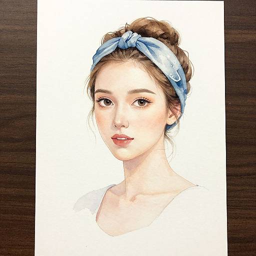 Digital portrait of a young woman with fair skin, brown hair in a bun, wearing a blue headband, and a white top, against a white