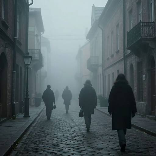 Photograph of four silhouetted people in dark coats walking down a foggy, cobblestone street between brick buildings with iron balconies.