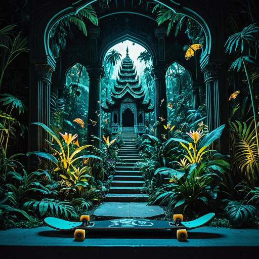 Bioluminescent Jungle with Skateboard and Floating Pagoda