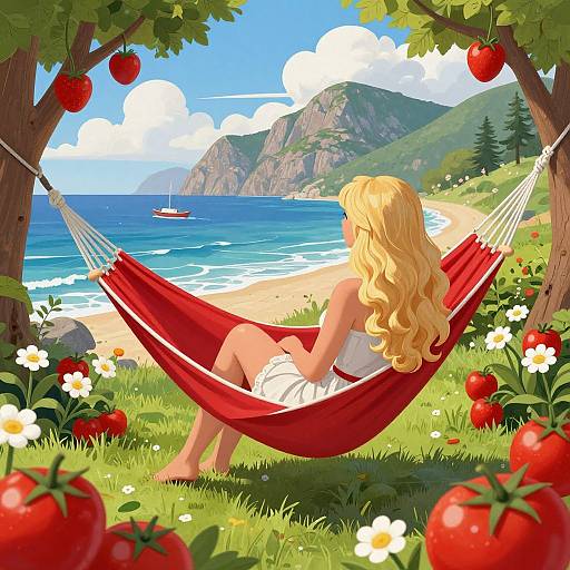 Digital illustration of a blonde woman with long curls in a red hammock, overlooking a sunny beach and blue sea with mountains, surrounded by red strawberries and