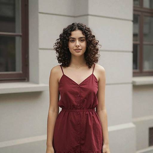 Curly-Haired Woman in Cozy Red Dress