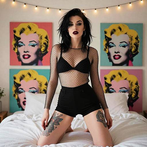 Gothic woman with black fishnet top, black bra, and shorts, kneeling on bed, tattoos on thighs, pop art Marilyn Monroe posters,