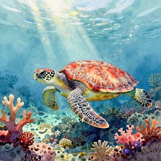Vibrant digital painting of a sea turtle gliding above colorful coral reefs, bathed in sunlight filtering through clear blue water.