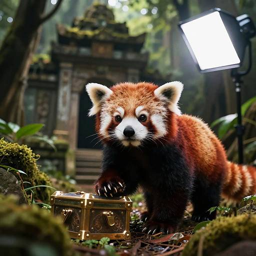 Photograph of a fluffy red panda cub with white facial markings, standing on mossy ground, sniffing a golden treasure box in a lush, mist