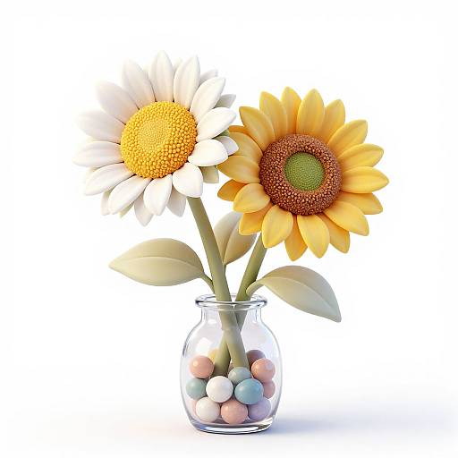 Photograph of a clear glass vase with two sunflowers, one white with yellow center and one yellow with brown center, surrounded by pastel-colored pe