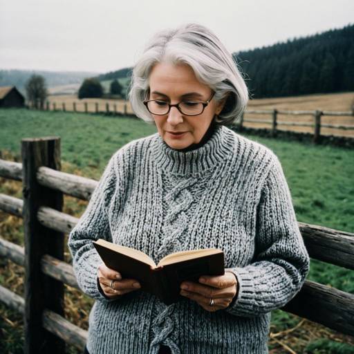 Elderly Woman Reading by Countryside Fence