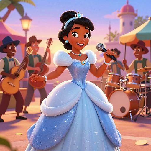 Digital illustration of a dark-skinned, smiling Disney princess in a sparkling blue ball gown, singing into a microphone, surrounded by a band in a colorful
