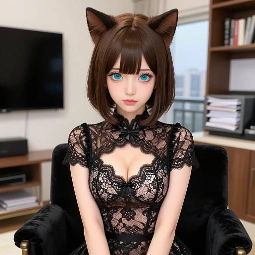 Digital anime-style drawing of a cute girl with cat ears, blue eyes, and black lace dress, sitting on a black chair in a modern living room