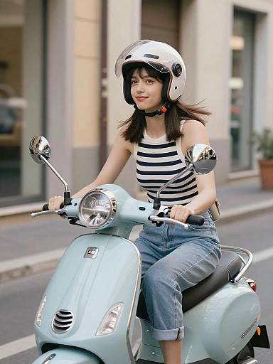 Young Woman Riding Light Blue Scooter
