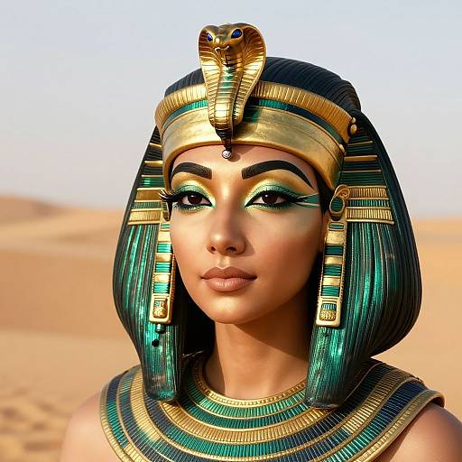 Digital artwork of a young woman with dark skin, wearing an Egyptian Nemes headdress, gold snake headpiece, green and gold striped accessories, and
