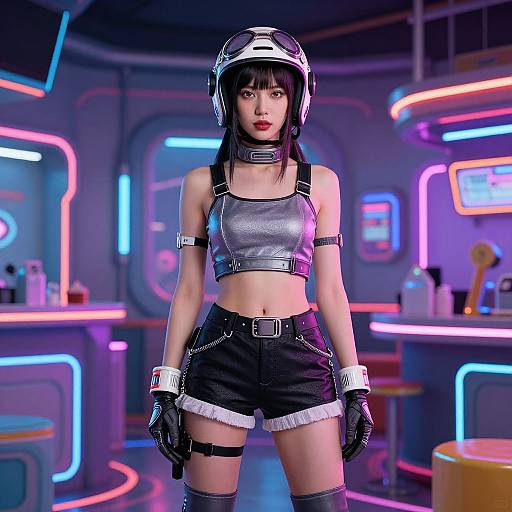 Digital CGI of a cyberpunk woman with black hair, silver crop top, black shorts, leather harness, gloves, and helmet, in a neon-l