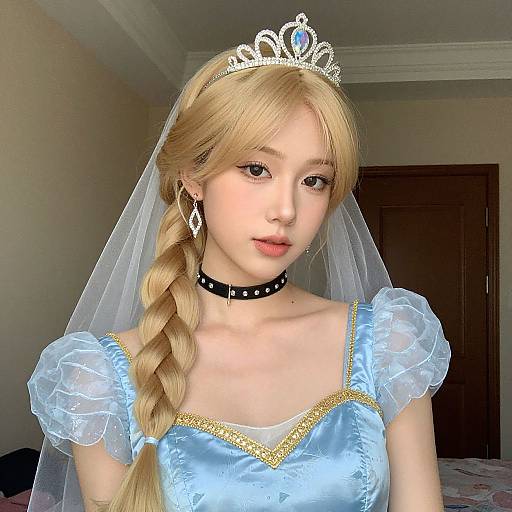 Photograph of a young Asian woman with long blonde hair in a braid, wearing a silver tiara, sheer blue princess dress, black choker