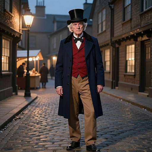Elderly Man in Victorian Scrooge Costume on Cobblestone Street