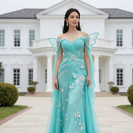 Photograph of a woman with long black hair, wearing an off-shoulder, light blue floral gown, standing in front of a white, two