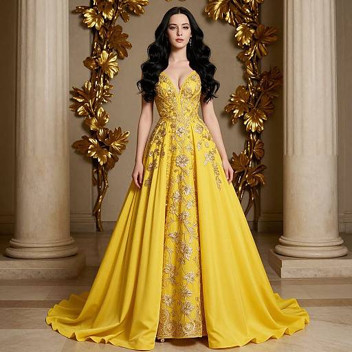 Regal Woman in Yellow Embroidered Gown