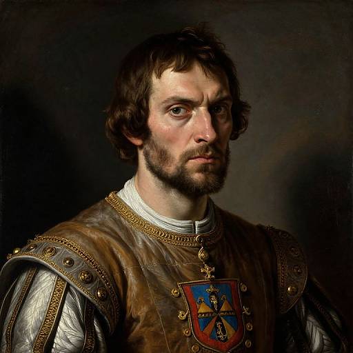 Photorealistic portrait of a bearded, brown-haired medieval knight with serious expression, wearing ornate armor and coat of arms, dark background.