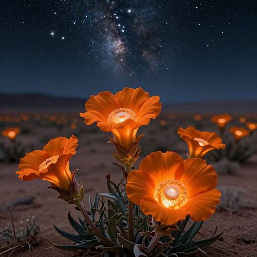 Photograph of glowing orange desert flowers under a starry night sky, with the Milky Way visible, creating a serene, cosmic beauty.