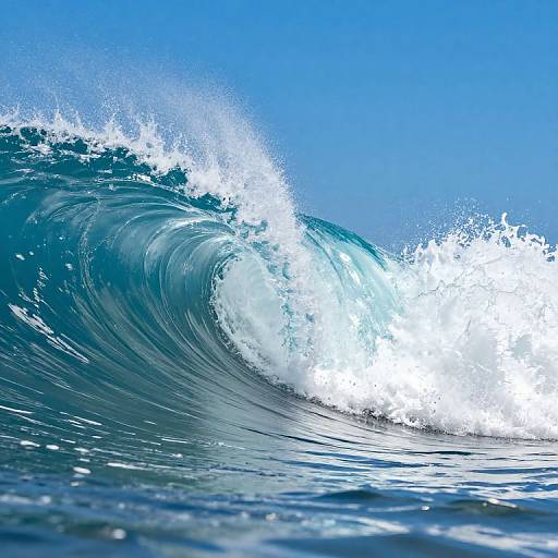 Photograph of a towering, vibrant blue ocean wave cresting with white foam against a clear, bright blue sky.