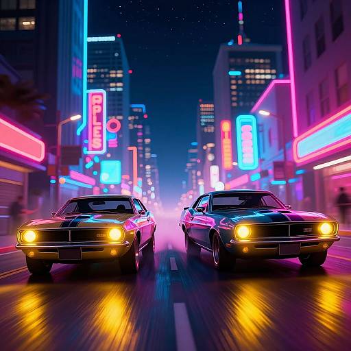 Neon-lit, futuristic city street at night, two classic muscle cars with glowing headlights racing down the road, vibrant neon signs in blue, pink