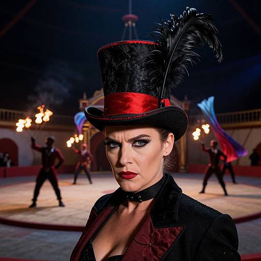 Photograph of a stern-looking woman with pale skin, red lipstick, black top hat with black feather, black velvet jacket, performing in a circus ring