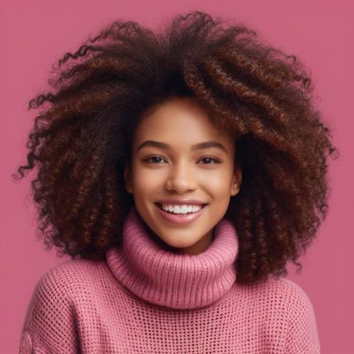 Smiling Woman with Curly Afro Hair in Pink Sweater