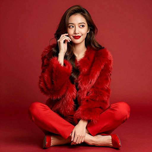 Woman in Red Fur Jacket Sitting Cross-Legged
