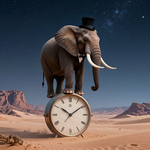 Photorealistic CGI of an elephant wearing a top hat standing on a large clock in a desert under a starry night sky.
