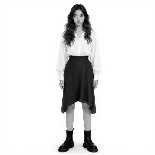 Black-and-white photograph of a young Asian woman with long, wavy hair, wearing a white blouse, black high-waisted skirt, and black