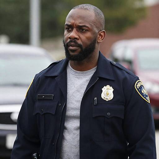 Concerned Black Male Police Officer Outdoors