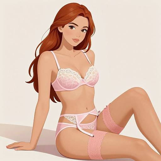 Digital illustration of a red-haired woman with fair skin, wearing pink lace lingerie, including a bra, garter belt, and thigh-high stockings, sitting