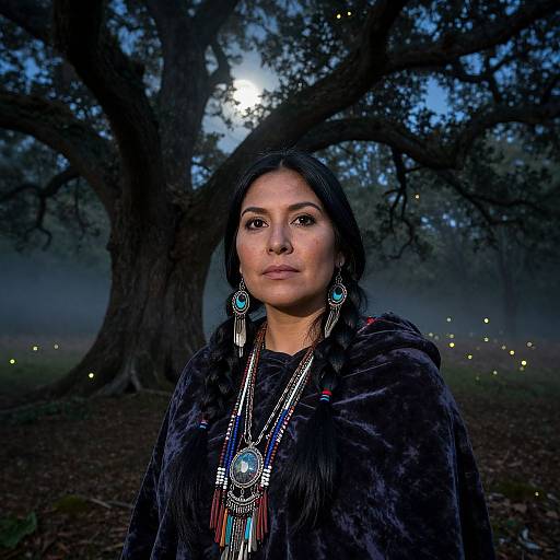 Photograph of a Native American woman with long black hair, wearing a dark fur cloak, intricate turquoise jewelry, standing in a moonlit forest with glowing