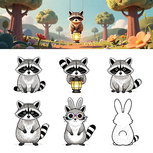 Surreal Playful Raccoon Line Art