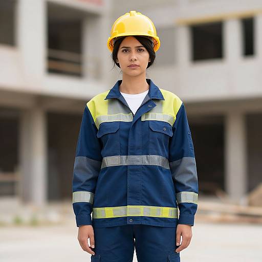 Photograph of a young woman with medium brown skin, wearing a yellow hard hat and blue safety uniform with yellow and silver stripes, standing in front of