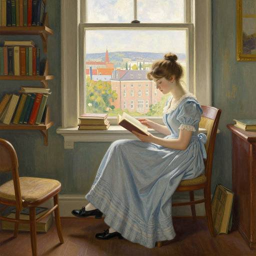 Painting of a young woman in a blue Victorian dress reading by sunlight-filled window, surrounded by books and wooden furniture.