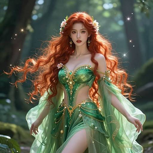 Digital art of a beautiful, red-haired fairy with long, flowing hair, wearing a green, jewel-embellished, strapless gown in a