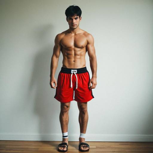 Fit young man in red boxer-style shorts and sandals