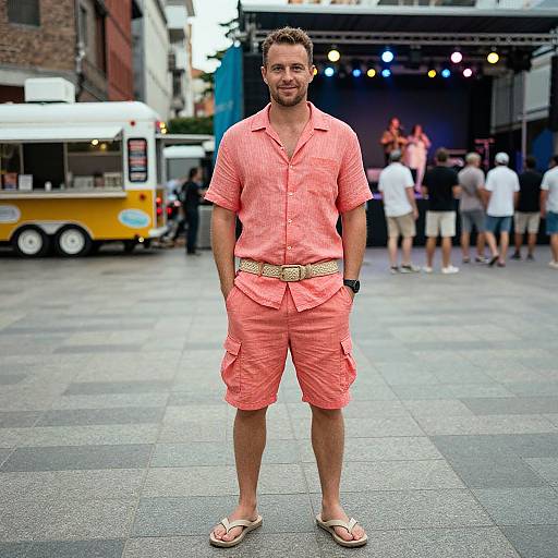 Photograph of a smiling, bearded man in a pink short-sleeve button-up shirt and matching pink cargo shorts, standing on a city street