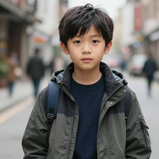 Photograph of a young Asian boy with short black hair, wearing a green jacket and black shirt, standing on a wet, blurred urban street.