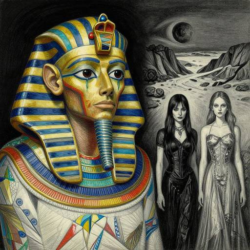 Digital artwork: Ancient Egyptian pharaoh with vibrant stripes beside two gothic, black-dressed women in grayscale desert landscape with dark moon.